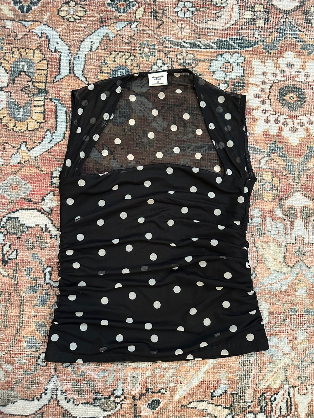 Abercrombie & Fitch Women’s Polka Dot Black Ava Mesh Ruched Tank Top